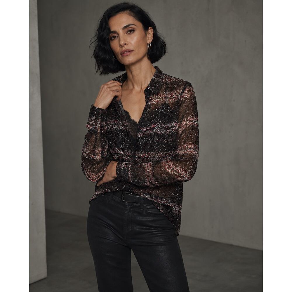 CAbi #3249 Paris Blouse Women’s Medium Black Purple Sheer Button Down